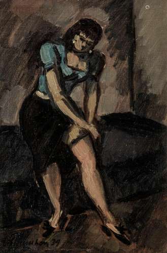 Emile Chambon (1905-1993) - Jeune femme enfilant son bas, hu...