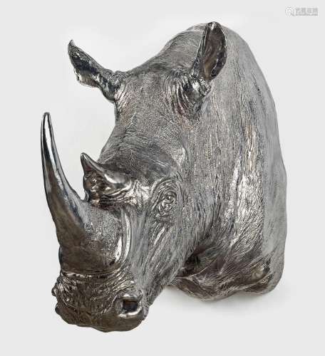 Tête de rhinocéros par Eric Mellerio - Résine argentée, L 13...