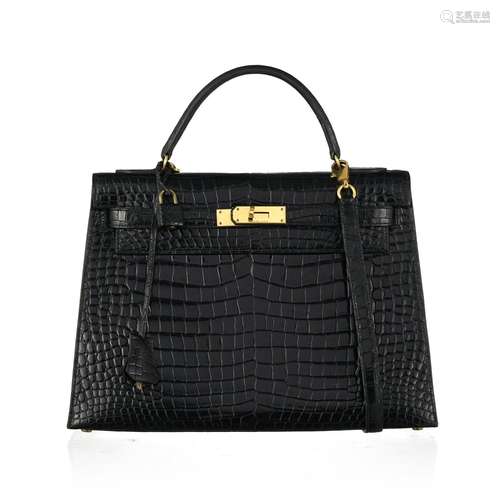 Hermès, sac Kelly 32 en crocodile porosus noir,