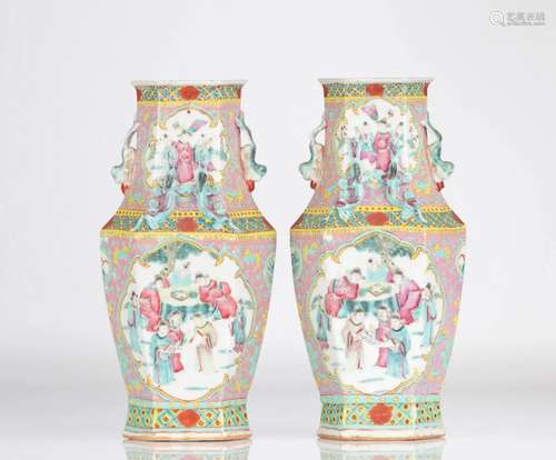 China pair of famille rose vases decorated with 19th