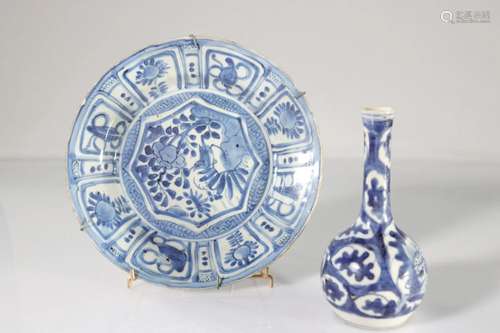 China plate and vase in white blue porcelain 18th