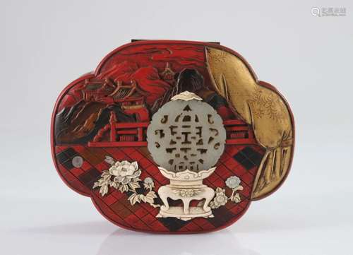 Sumptuous Asia box in red lacquer with inlays and jade