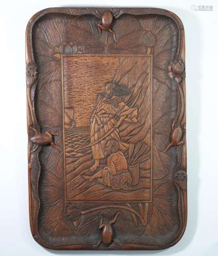 Japan imposing carved wooden tray decorated with