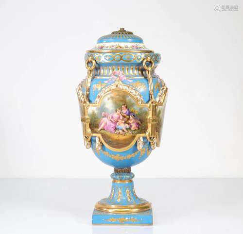 Sevres porcelain lamp base painted in cartouches of