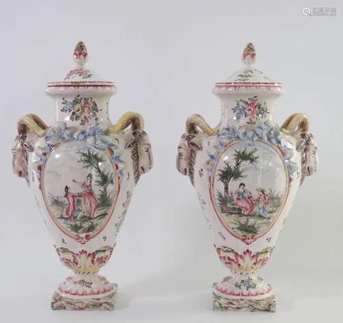 France pair of earthenware vases with handle decorated