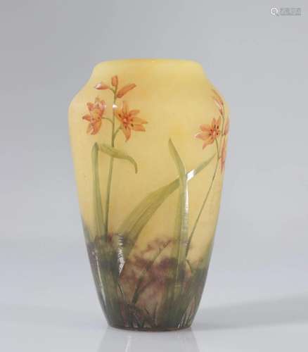 Daum vase with red Montbretia, engraved and enamelled,