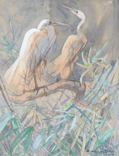 Sam VAN BEEK (1878-1957) watercolor "the herons