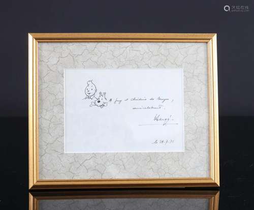 Tintin and Snowy drawing signed and dedicated Herge