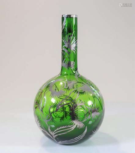 Glass vase - decorated with silver thistle flowers,