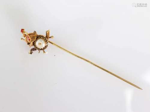 Old hatpin 18 K gold, enamelled and ruby