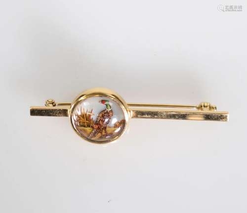 Old tie pin, 18 K gold, with a pheasant decor cabochon