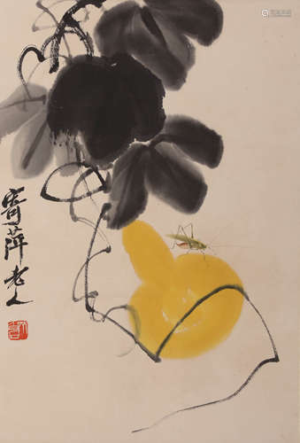 A Chinese Double Gourds Painting Paper Scroll, Qi Baishi Mar...