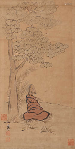 A Chinese Arhat Painting Paper Scroll, Jin Nong Mark