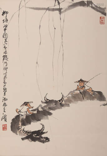 A Chinese Herding Painting Paper Scroll, Li Keran Mark