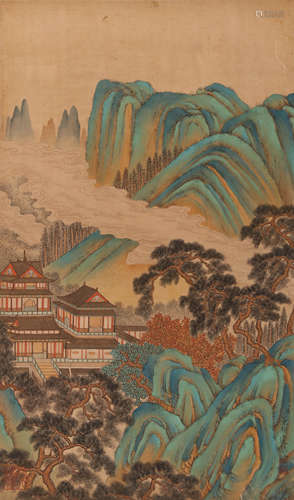 A Chinese Landscape Painting Silk Scroll, Dong Bangda Mark