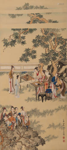 A Chinese Figure Painting Silk Scroll, Gai Qi Mark