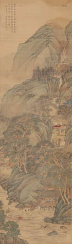 A Chinese Landscape Painting Silk Scroll, Wen Boren Mark