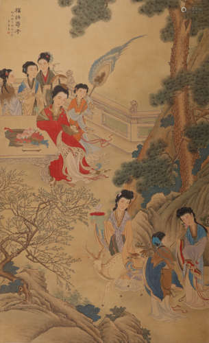 A Chinese Figure Painting Silk Scroll, Jiao Bingzhen Mark