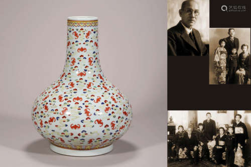 A Famille Rose Hundred Bats Bottle Vase