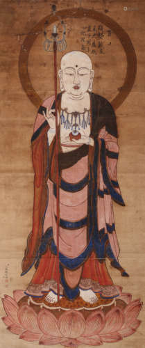 A Chinese Buddha Painting Paper Scroll, Ding Guanpeng Mark