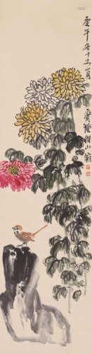 A Chinese Flower Painting Paper Scroll, Qi Baishi Mark