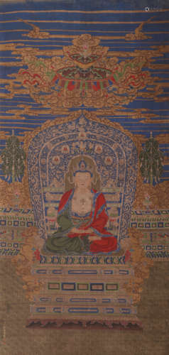 A Chinese Buddha Painting Silk Scroll, Ding Guanpeng Mark