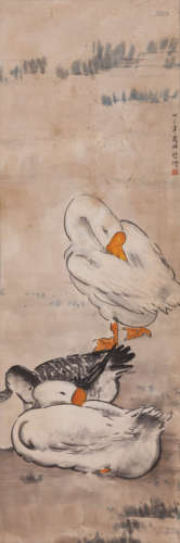 A Chinese Goose Painting Paper Scroll, Xu Beihong Mark