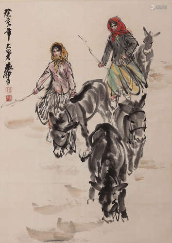 A Chinese Donkey Painting Paper Scroll, Huang Zhou Mark