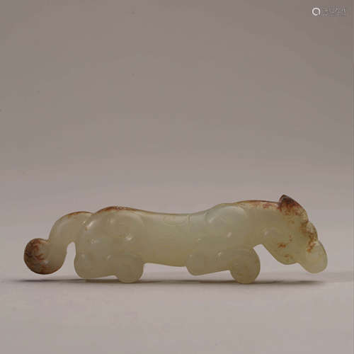 A Carved Celadon Jade Tiger and Cloud Ornament