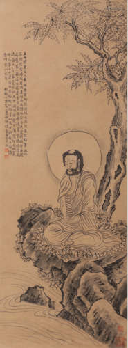 A Chinese Buddha Painting Paper Scroll, Jin Nong Mark