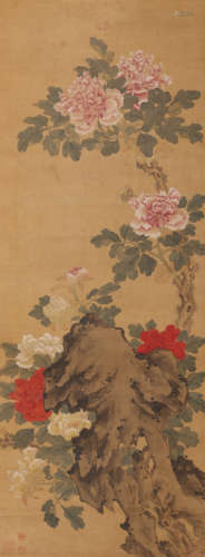 A Chinese Peony Painting Silk Scroll, Anonymous