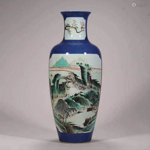 A Blue-Ground and Wucai Landscape Vase