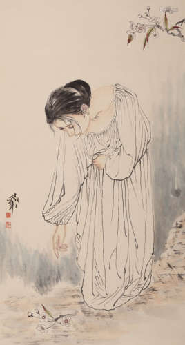 A Chinese Figure Painting Paper Scroll, He Jiaying Mark