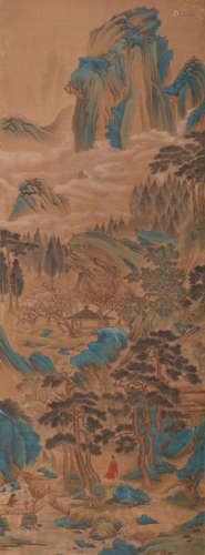 A Chinese Landscape Painting Paper Scroll, Qiu Ying Mark