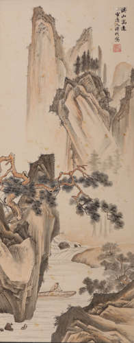 A Chinese Landscape Painting Paper Scroll, Pu Jin Mark