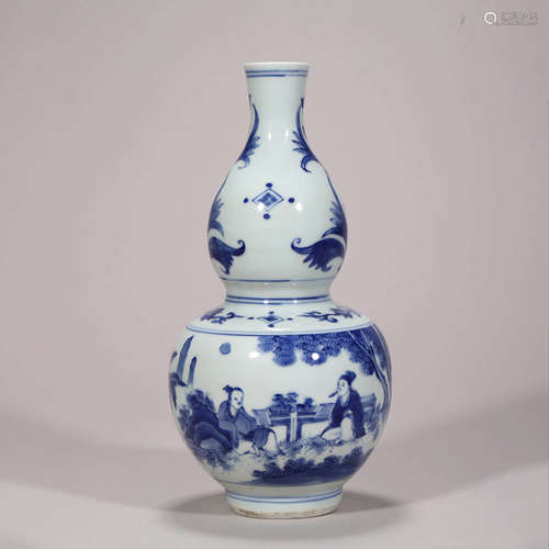 A Blue and White Figure Story Double Gourd Shape Vase