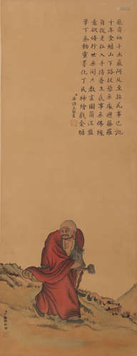 A Chinese Arhat Painting Silk Scroll, Ding Guanpeng Mark