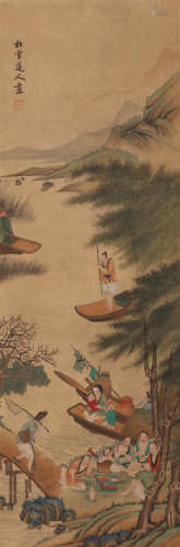 A Chinese Figure Painting Silk Scroll, Zhao Mengfu Mark