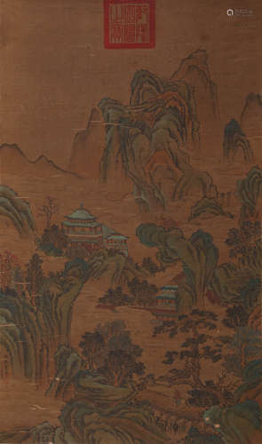 A Chinese Landscape Painting Silk Scroll, Qiu Ying Mark