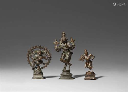 Three small copper alloy figures of a dancing deity. 17th/19...