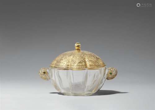 A North or Central Indian rock crystal bowl with a gilt meta...