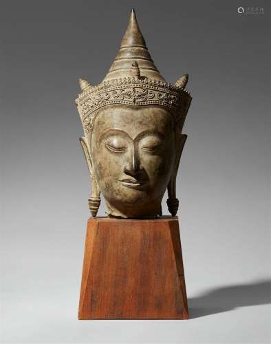 A large Ayutthaya bronze head of a crowned and bejewelled Bu...