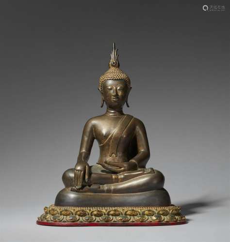 An Ayutthaya-style bronze figure of Buddha Maravijaya.Thaila...