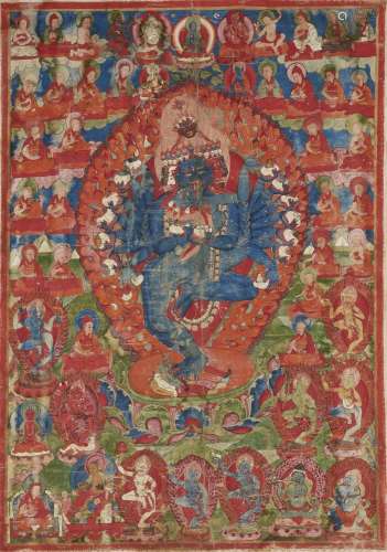 A magnificent Tibetan thangka of Hevajra and Nairatmya. 19th...