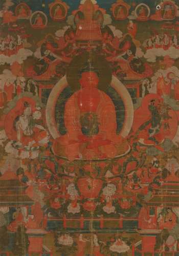 A Tibetan thangka of Amithaba in Sukhavati Heaven. 19th cent...
