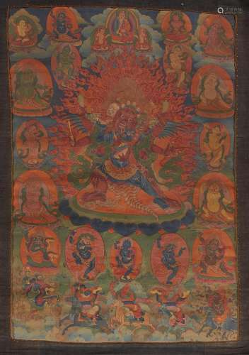 A Tibetan thangka of Guru Dragpo in yab yum. 19th century