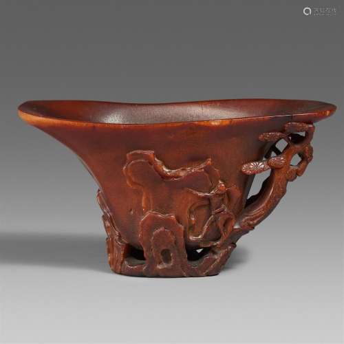 A deer and monkey rhinoceros horn libation cup. 17th/18th ce...