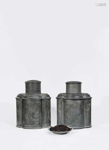 二十世纪 锡作海棠形茶叶罐 附二十五年老白茶散茶 （一对）
