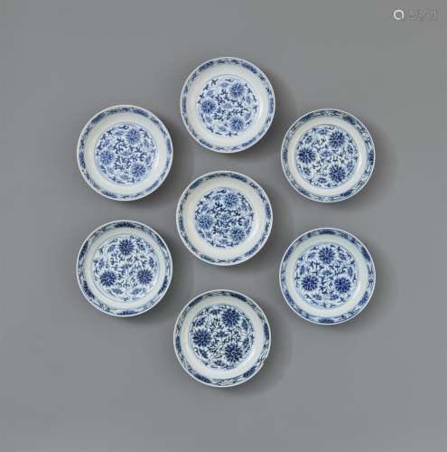 Seven small blue and white lotus dishes. Guangxu period (187...