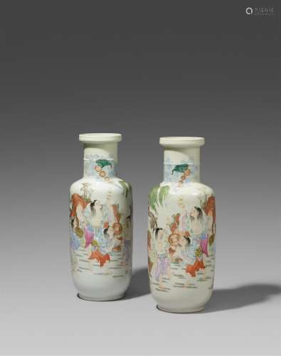 A pair of famille rose-rouleau vase. Republic period (1912–1...